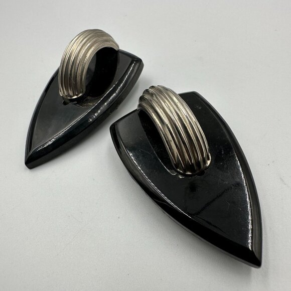 Vintage Bakelite Belt Buckle Black Silver 1950s Art Deco Style Patent 1965116